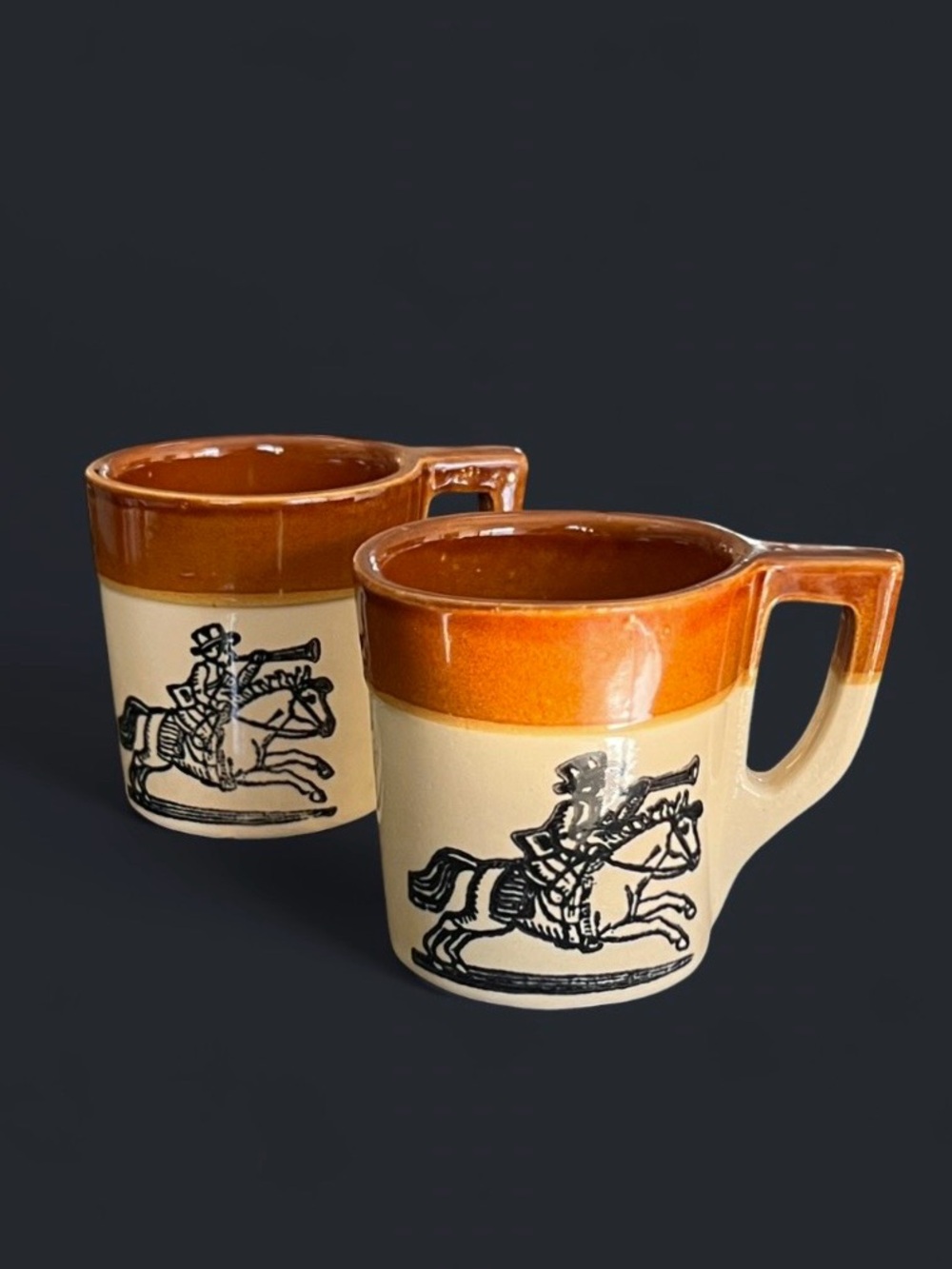Set of 2 Vintage Holt-Howard "Fox Hunt" stoneware coffee mugs